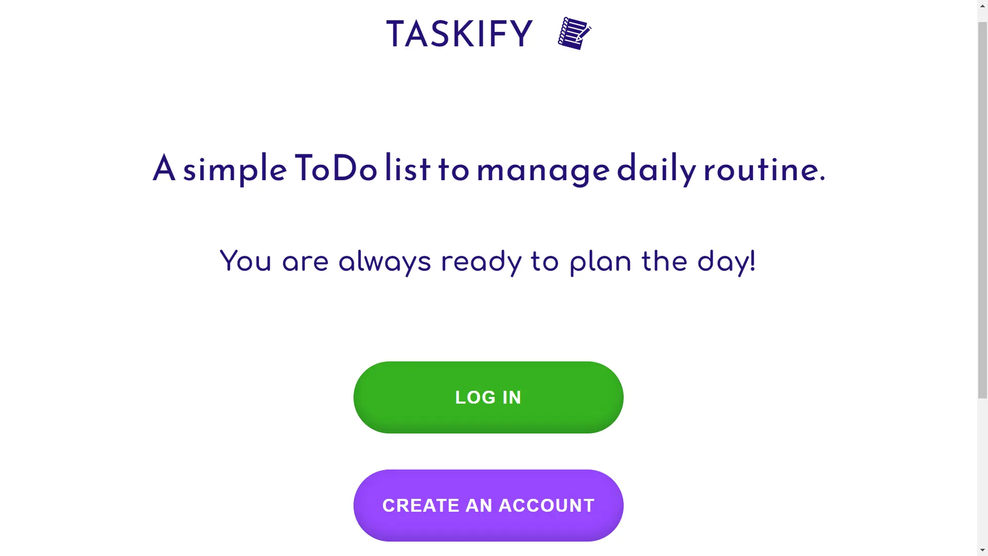 The main page of the Taskify app with logo and buttons for login and register account